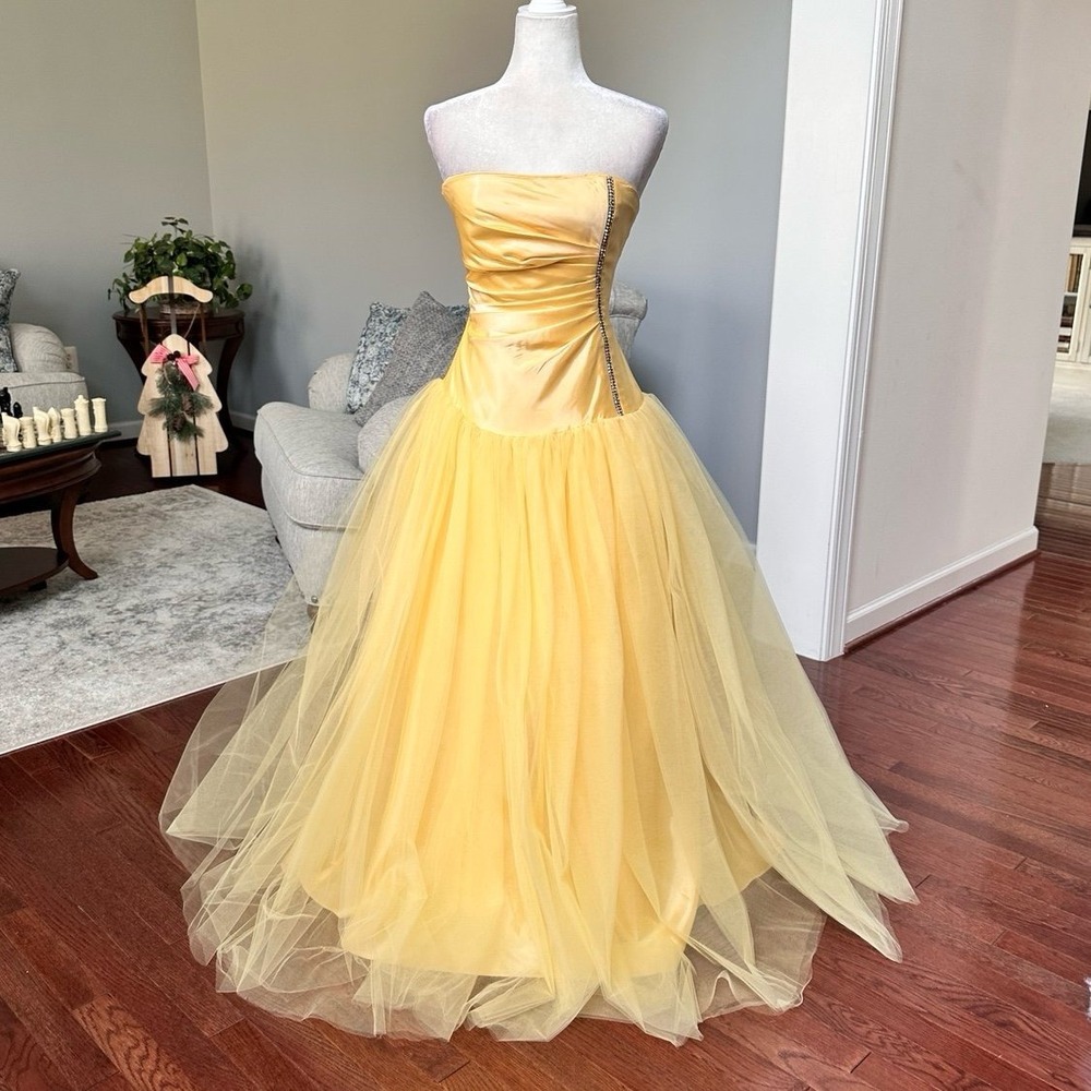 2000s Jessica McClintock Yellow‎ Puffy Tulle Princess Gown A-Line Dress Size 4